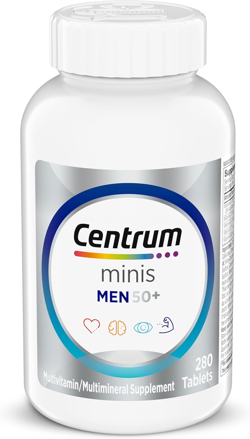 Centrum Minis Silver Multivitamin for Men 50 Plus, Multivitamin/Multimineral Supplement, Vitamin D3, B-Vitamins and Zinc, Non-GMO Ingredients, Supports Memory and Cognition in Older Adults - 280 Ct