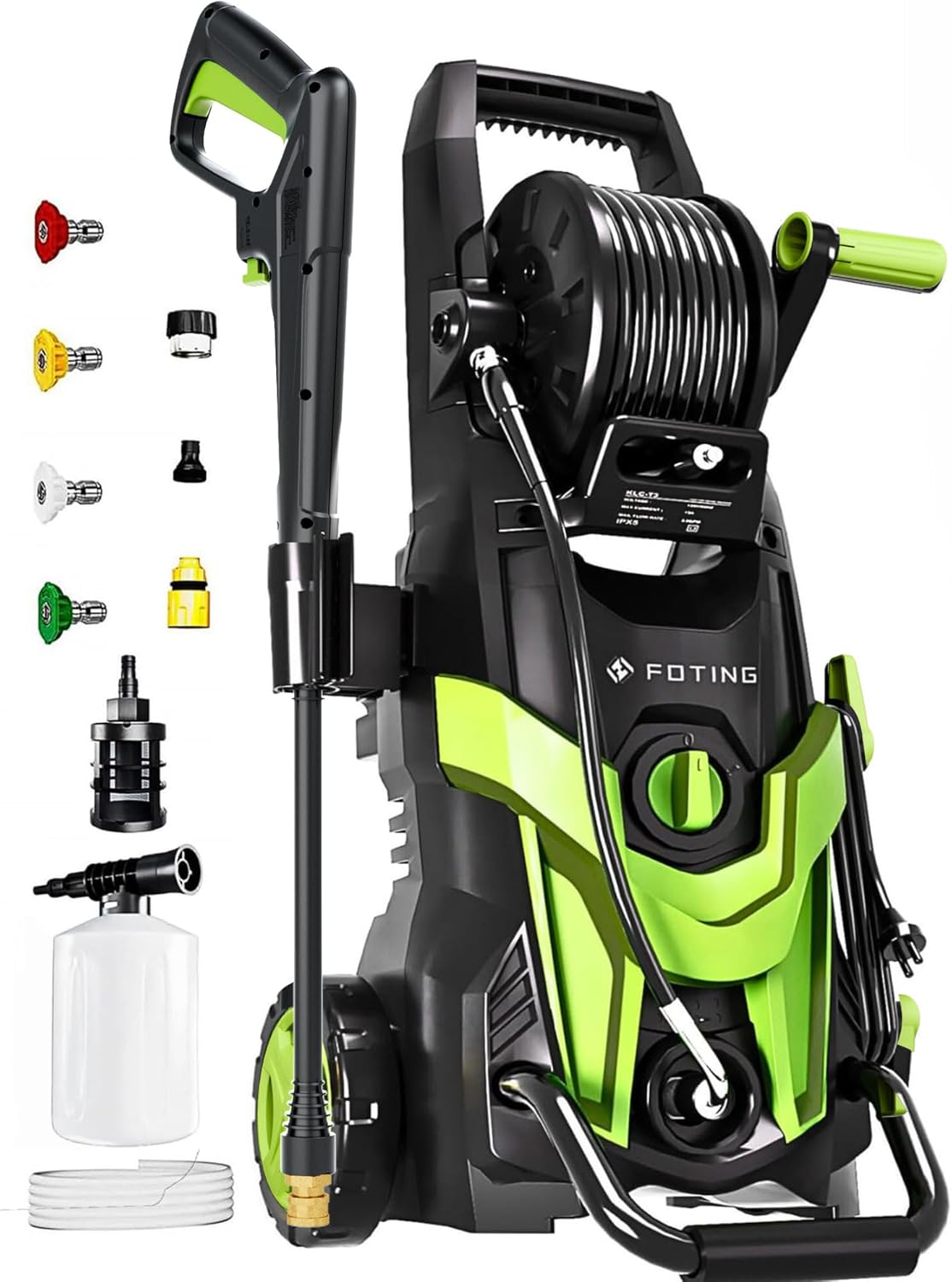FOTING 2025New Electric Pressure Power Washer 4500 PSI 3.2 GPM Total with 4 Quick Connect Nozzles, Inlet Hose & Filter, Foam Cannon for Cars/Fences/Driveways/Patios/Home Cleaning,Green