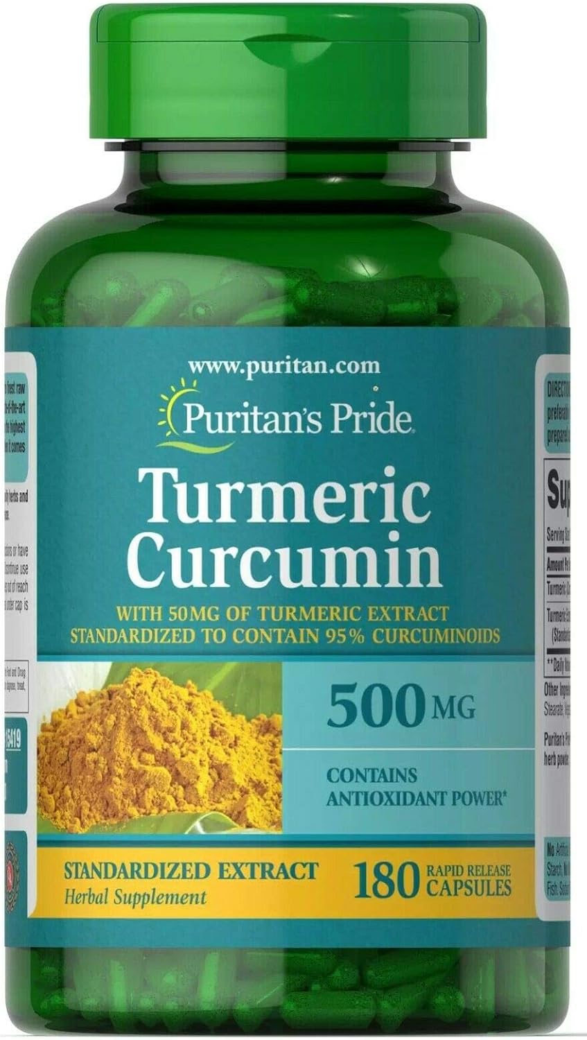 Puritan's Pride Turmeric Curcumin 500mg, Standarized to 95% Cucuminoids, Herbal Dietary Supplement for Antioxidant Health, 180 Radpid Release Capsules