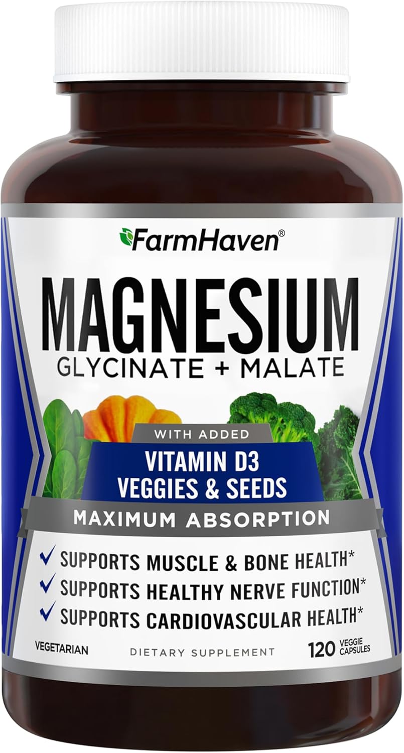 FarmHaven Magnesium Glycinate & Malate Complex w/Vitamin D3, 100% Chelated for Max Absorption, Vegetarian – Bone Health, Nerves, Muscles, 120 Capsules, 60 Days