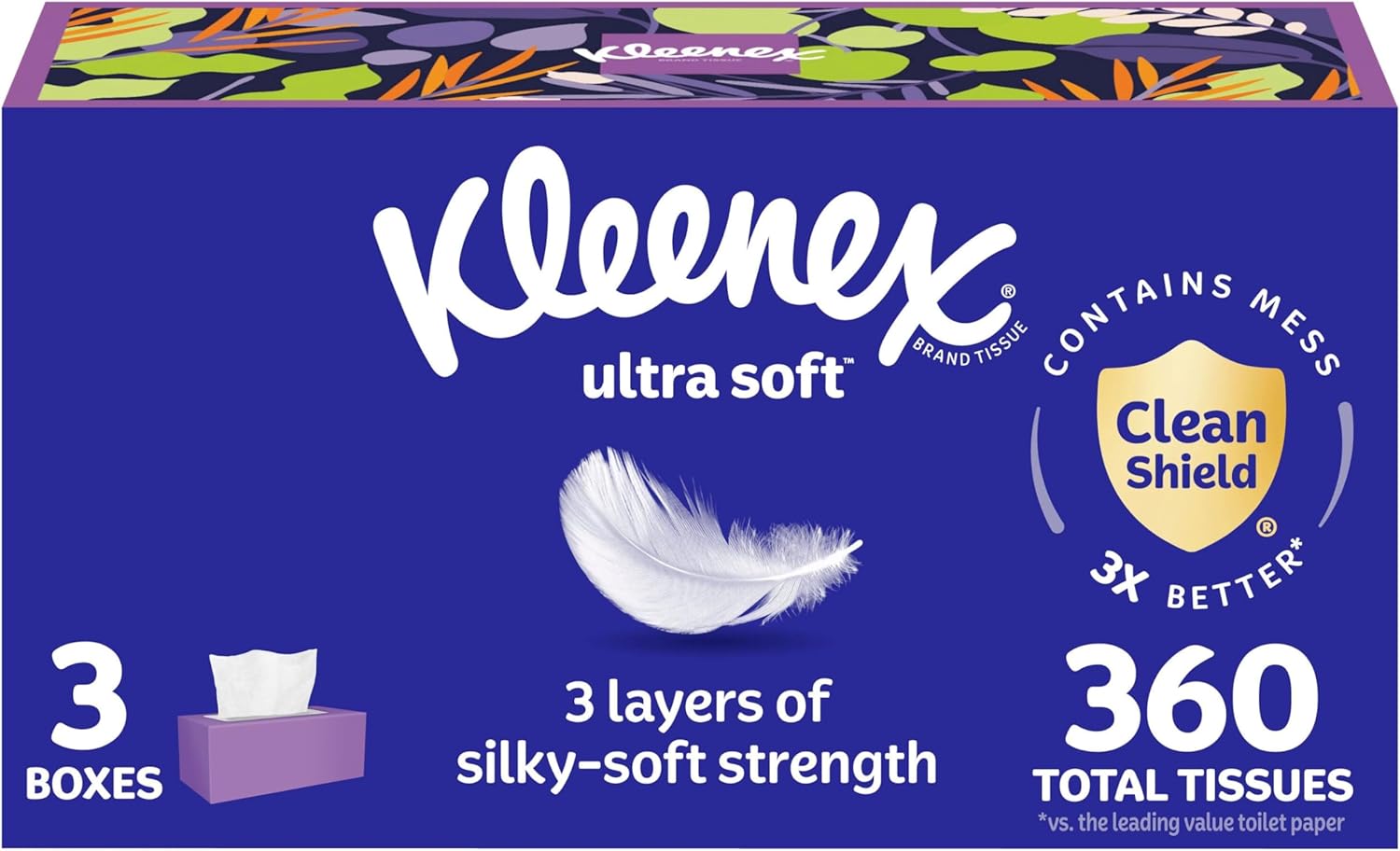 Kleenex Ultra Soft Facial Tissues, 3 Flat Boxes, 120 Tissues per Box, 3-Ply (360 Total), Packaging May Vary