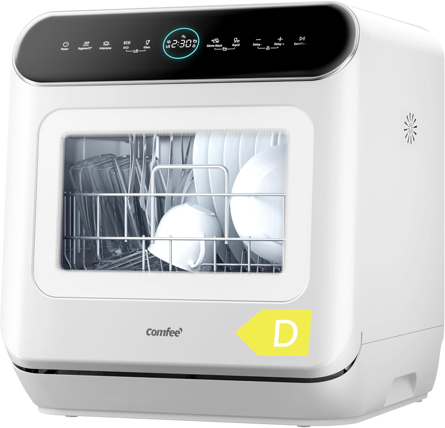 COMFEE' Table Top Dishwasher 7+3 Programs Mini Tabletop Dishwasher No Plumbing, 6L Built-in Water Tank, Hygiene Wash, Auto Door Open Drying, Baby Care, Energy Class D- White