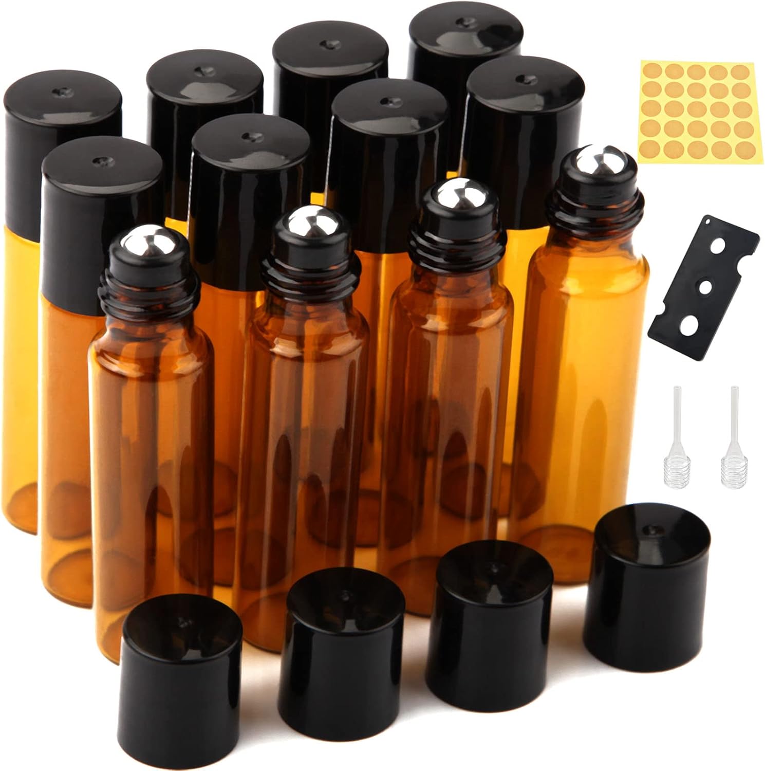 Amber Glass Essential Oil Roller Bottles 12Pcs 10ml - Roll On Bottles with Stainless Steel Roller Balls for Essential Oils, Perfumes, Cosmetics, Aromatherapy Massage
