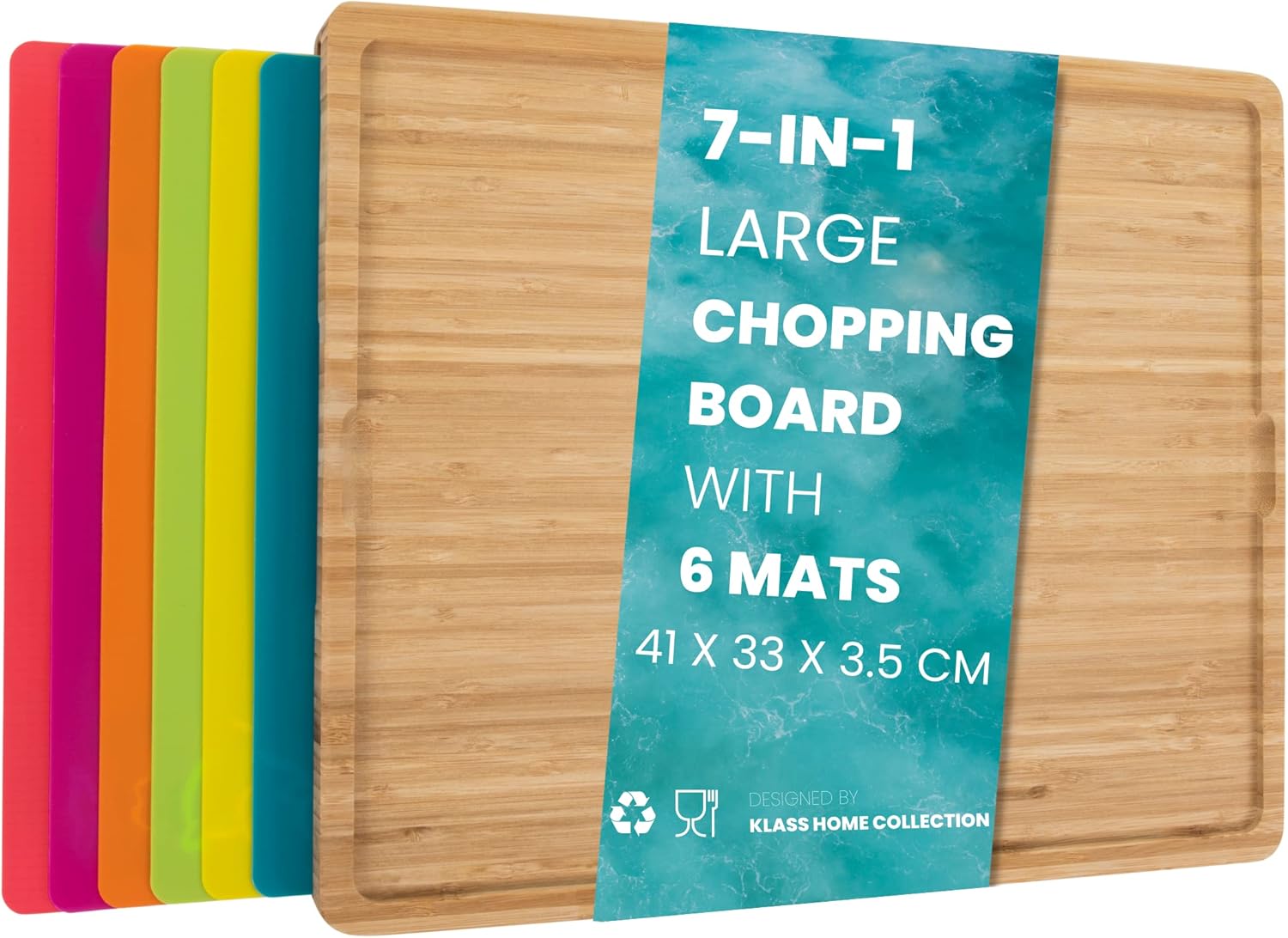 Klass Home Collection 7 in 1 Large Wooden Chopping Board Set with 6 Coloured PP Mats, Contamination Free Bamboo Cutting Boards for Kitchen with Integrated Plastic Mats for Cutting & Serving