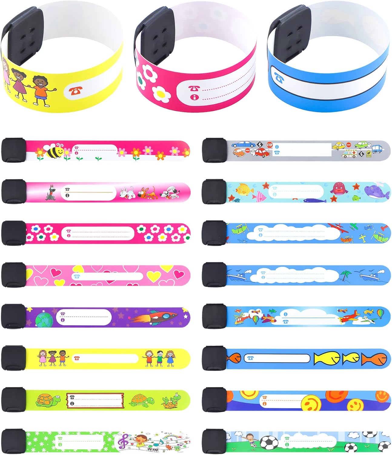 16 Pieces Children Safety ID Wristband, Reusable Identification Bracelets Adjustable Waterproof ID Bands for Boys and Girls (16 Styles)