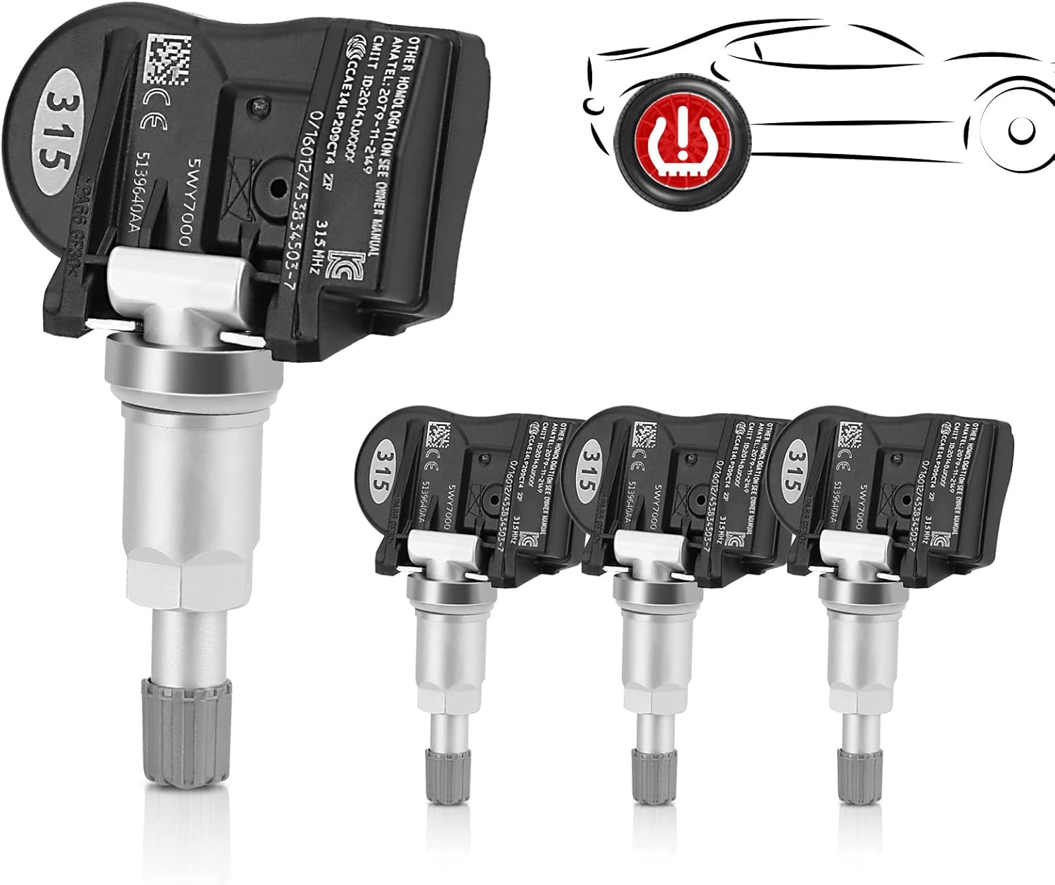 5139640AA TPMS Sensor(Set of 4), 315MHz Tire Pressure Monitoring Sensors Compatible with Chrysler, Dodge, Jeep, Ram, 300/ Town & Country/Charger/Wrangler... TPS with Metal TPMS Valve Stem