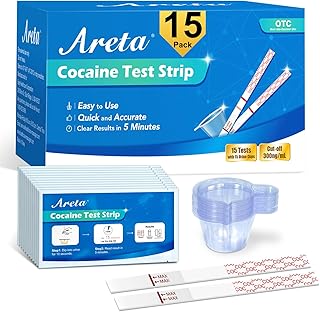 Areta Cocaine Test Strip: Cocaine Drug Test Single Panel Urine Screen Kits, 15 Pack Instant Accurate Home Cocaine Tests Coke Dipstick with Cups, 300 ng/mL Cutoff -ASCOC-114