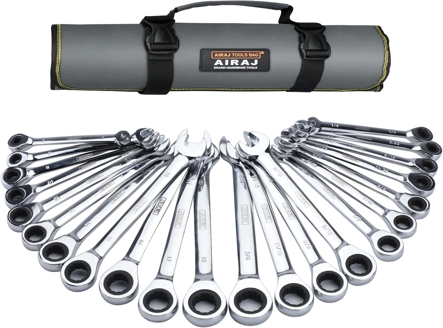 AIRAJ Combination Wrench Set,22-Piece Ratcheting Wrench Set,Long Open End,72-Tooth Ratchet Drive,CR-V Steel,Organizer With Tool Roll Bag,1/4"-3/4" & 6-18mm,SAE & Metric