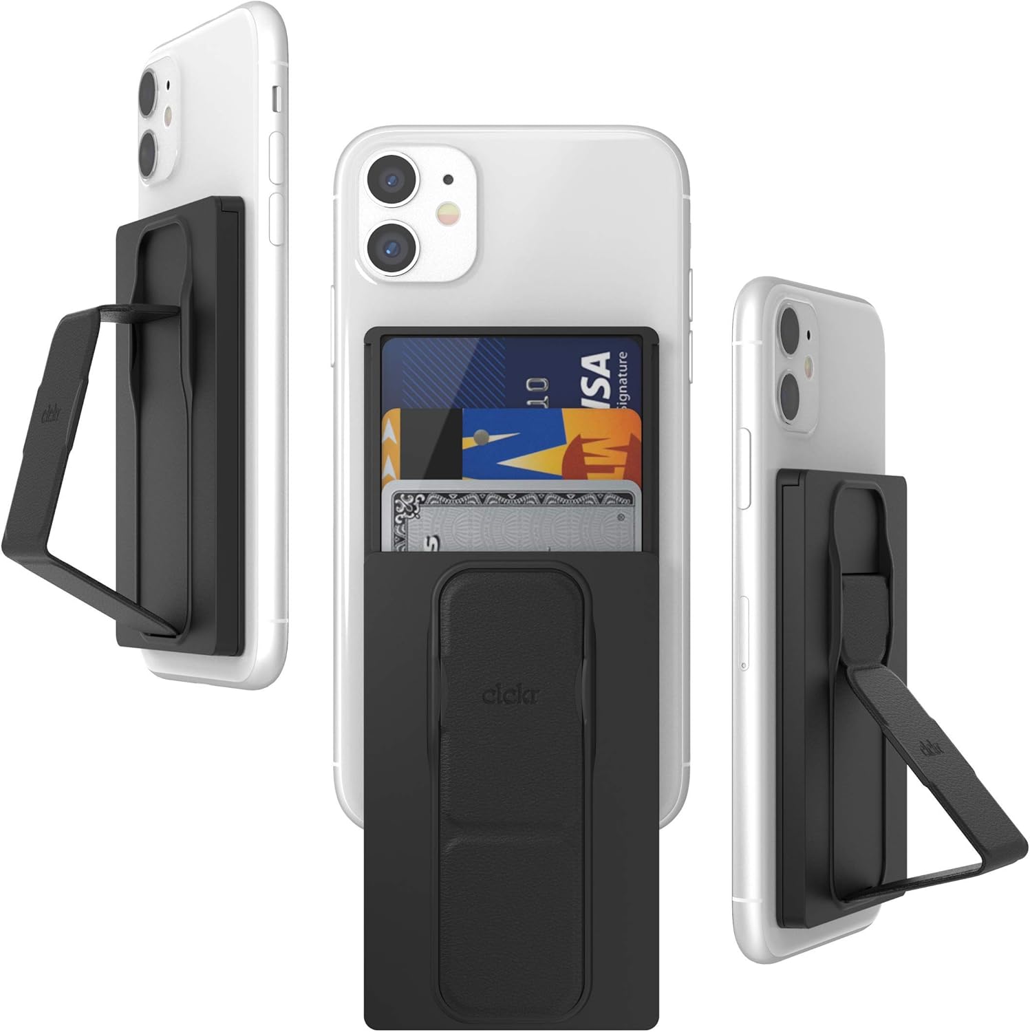 CLCKR Universal Grip Stand and Phone Wallet, Adhesive 3 Card Holder with Finger Grip, Portrait and Landscape Stand Function, Compatible with iPhone, Samsung, Huawei and More, Black
