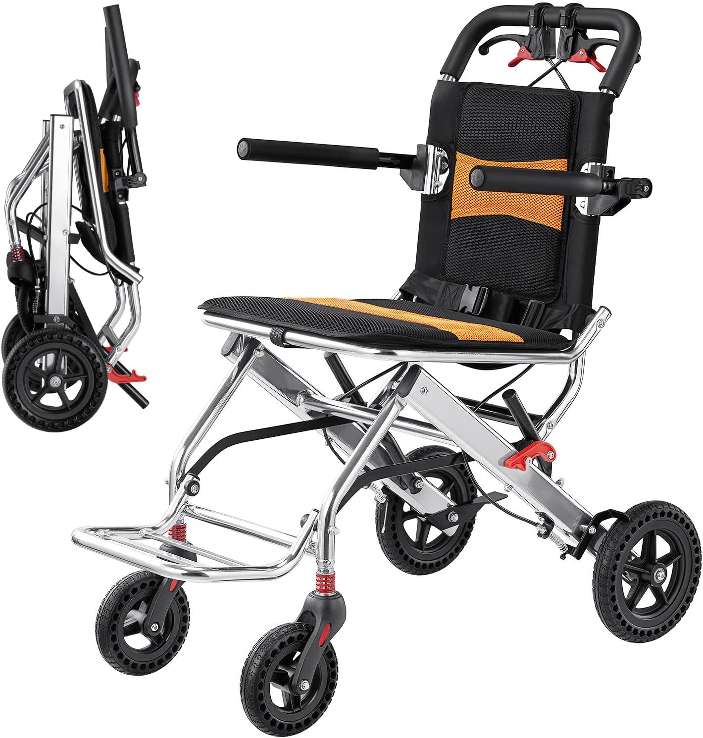 Ultra-Lightweight 19lbs Foldable Transport Wheelchair for Seniors - Portable Aluminum Travel Wheelchair with Carrying Bag, Supports 220lbs Capacity