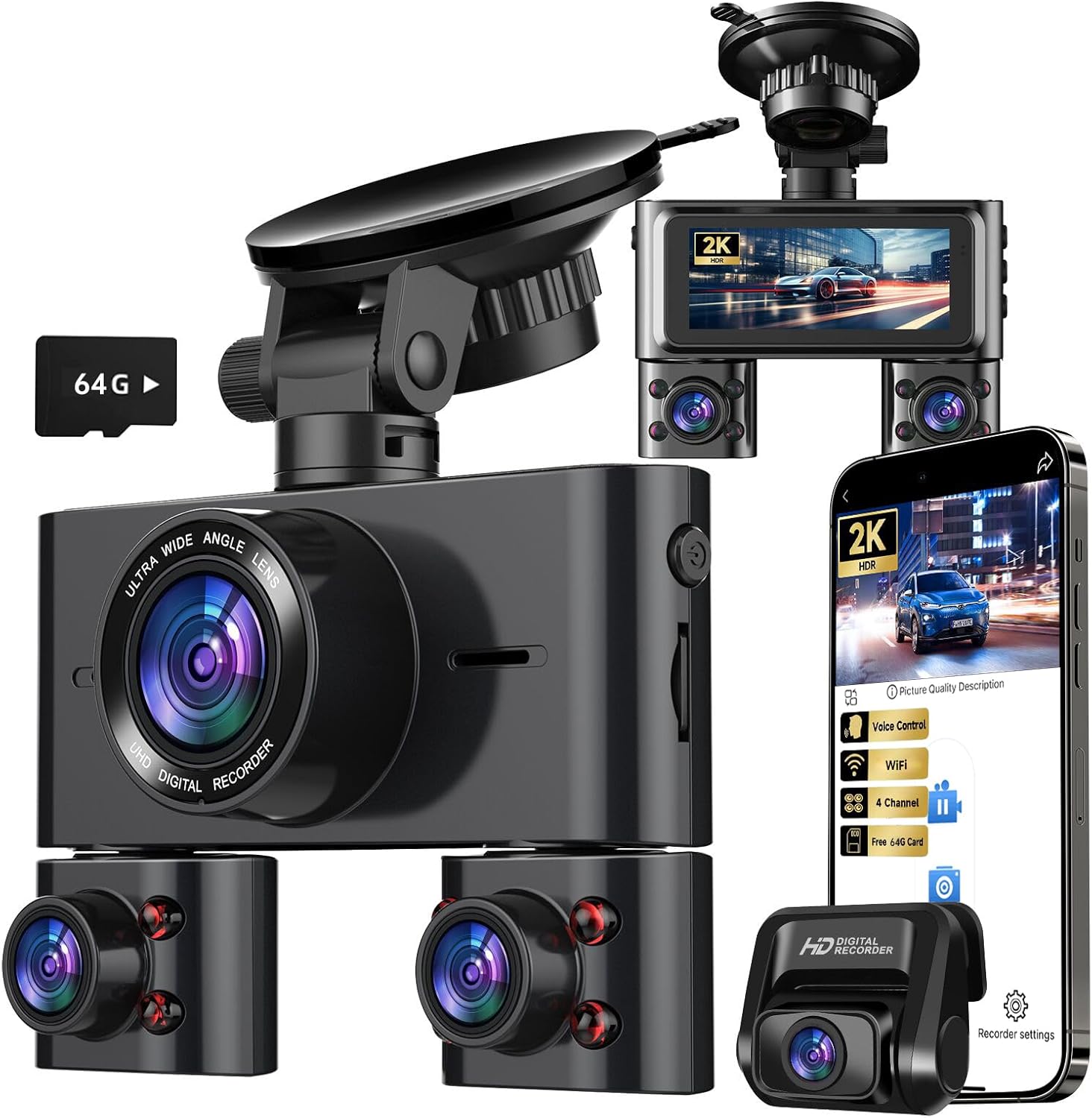 HUPEJOS 360° 2K Dash Cam Front and Rear Inside, 4 Channel FHD 4*1080P Dashcam for Cars, Voice Control, Car Camera with WiFi, Include 64GB SD Card, 3.16" IPS Screen, WDR Night Vision, 24H Parking Mode