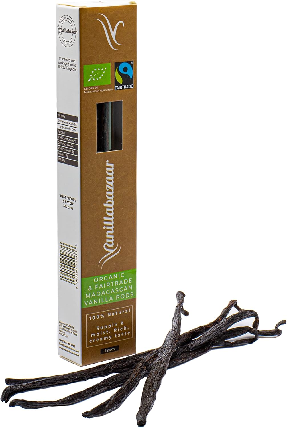 Sustainable, Organic & Fairtrade Madagascan Grade A Beans | 5 Bourbon Premium Vanilla Pods | Resealable Tube for Chefs & Home Baking/Cooking | Vanillabazaar