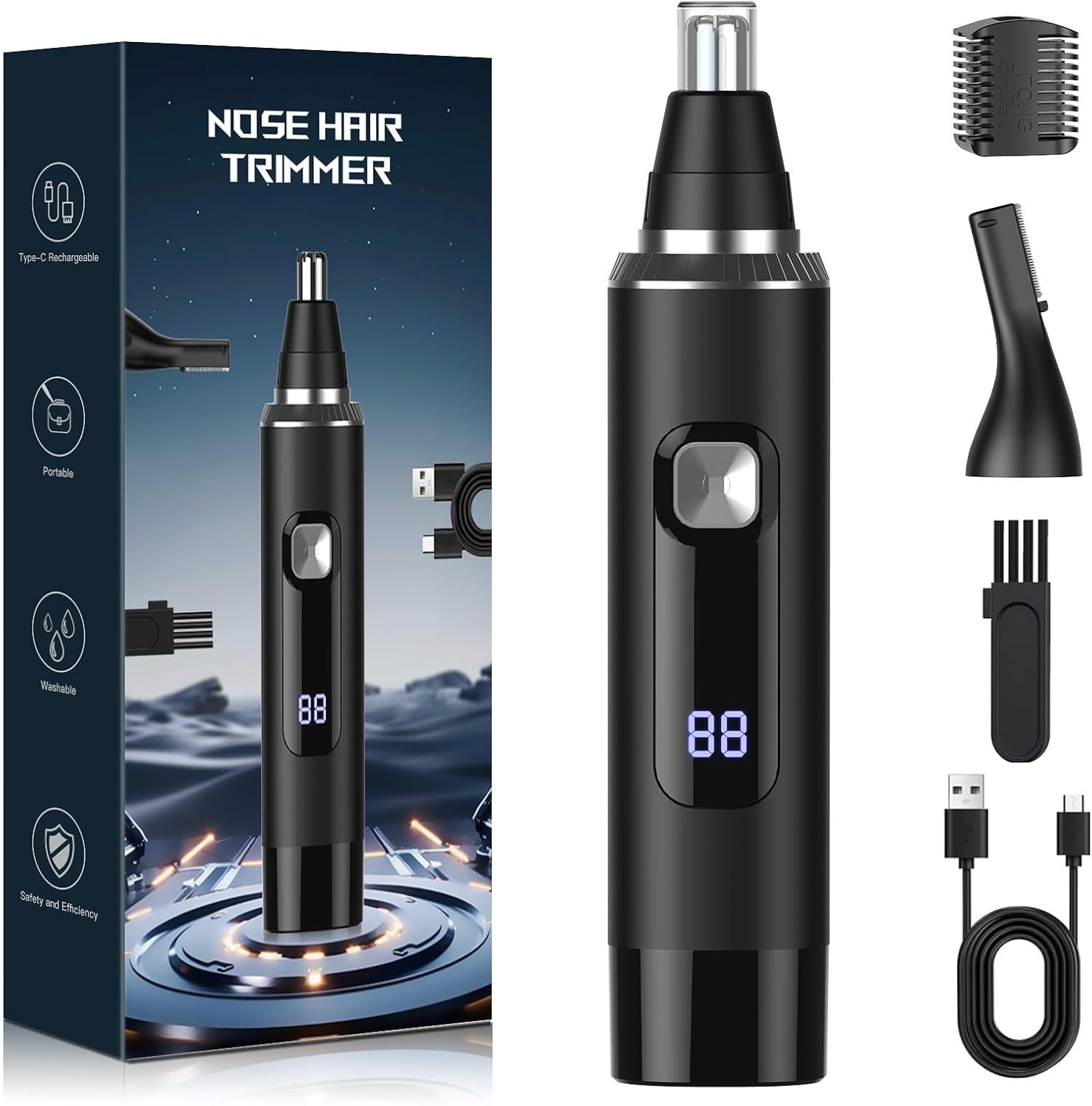 Nose Hair Trimmer for Men – 2-in-1 Rechargeable Ear and Nose Clipper with Eyebrow Groomer, IPX7 Waterproof, Dual-Blade Head & Digital Battery Display