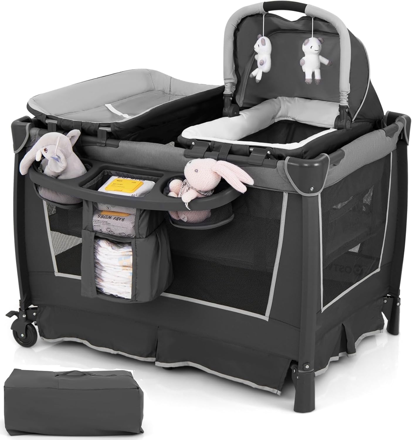 4-in-1 Baby Travel Cot, Folding Bed Playard with Bassinet, Changing Table & Two Hang Toys, Wheels and Storage Bag, Portable Infant Crib for 0-36 Months (Grey)