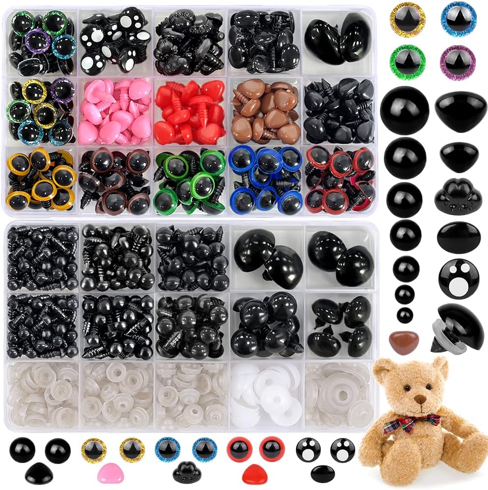 DIYDEC 700pcs Safety Eyes Toy, Plastic Colorful Glitter Safety Craft Doll Eyes Noses with Washers for Crochet Stuffed Amigurumi Animals Teddy Bear Soft Toy Craft Making DIY Crafts