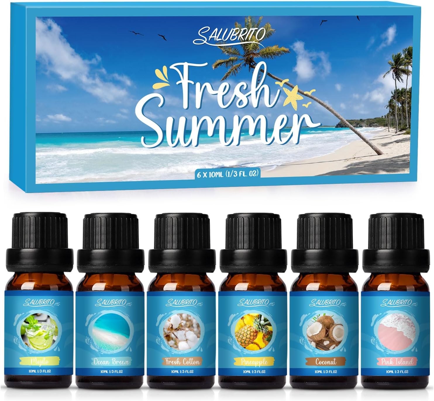 SALUBRITO Summer Fragrance Oils Set, Premium Essential Oils Set for Diffuser, Candle, Soap Making, Fresh Cotton, Coconut, Mojito, Pineapple, Ocean Breeze, Pink Island, Strong Scented Oils