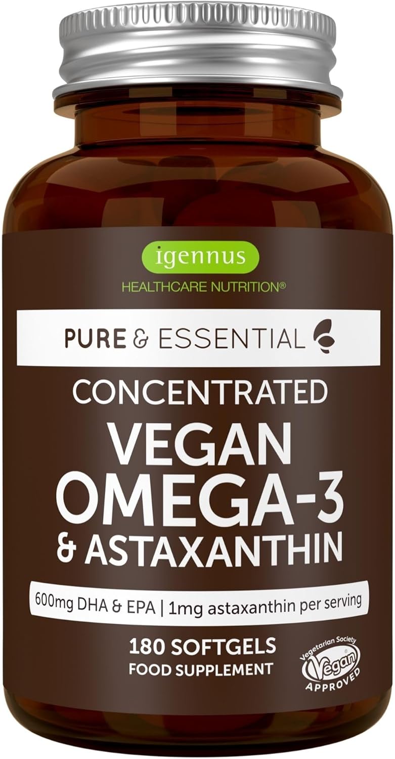 Igennus Vegan DHA & EPA Omega 3 90 Servings,1344mg Algae Oil & Astaxanthin Antioxidant, Pure & Sustainable, 400mg DHA & 200mg EPA, Easy-to-Swallow, 180 Small Softgels