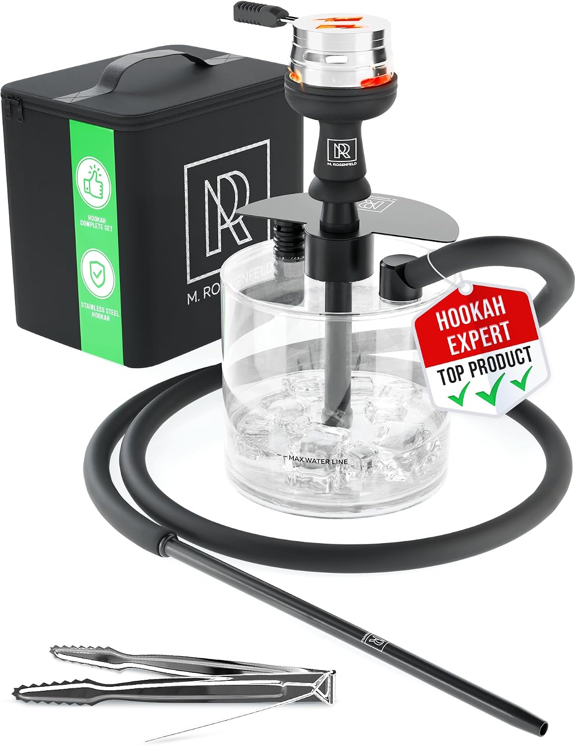 M. Rosenfeld Mini Shisha To Go - Stainless Steel & Acrylic - Lightweight and Stable Water Pipe - Complete Hookah Shisha Set - Shisha Set with 2 Divided Mouthpiece - Shadow Black