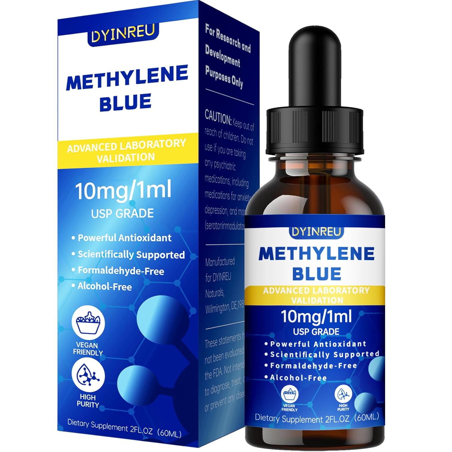 Methylene Blue Pharmaceutical Grade 5%, USP Grade, Third-Party Tested Brain Health Dietary Supplement for Humans, No Formaldehyde, (60ml Bottle)