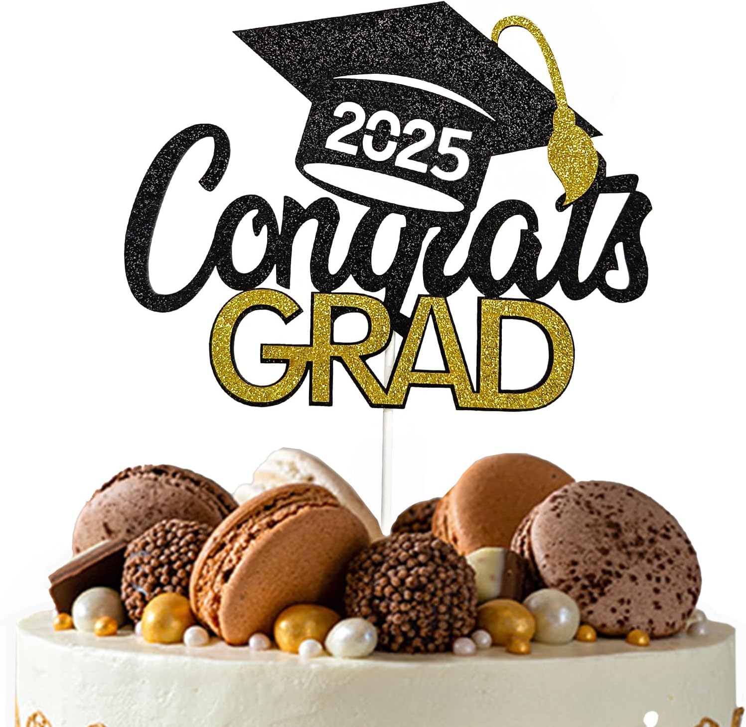 GOZINA Class of 2025 Graduation Cake Topper Decoration Black and Gold Cake Decorations Glitter of Congrats Grad Cap Graduation Theme Decorations 2025 Cake Decorations Supplies
