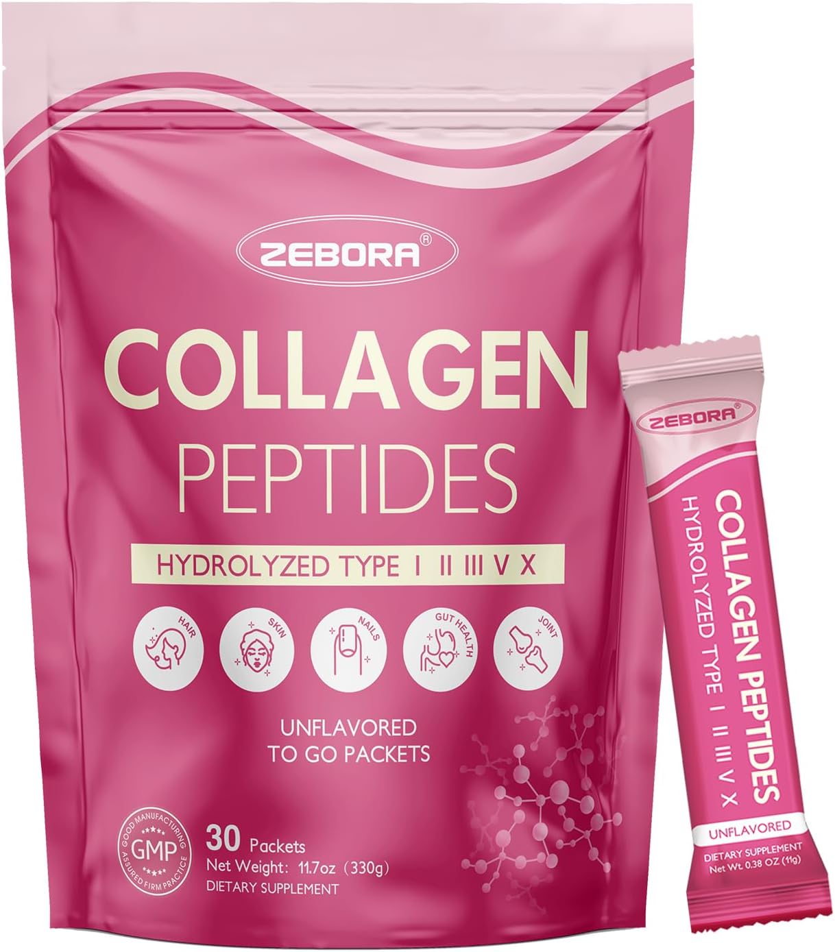 ZEBORA Multi Collagen Peptides Powder Packets with Hyaluronic Acid, Biotin, MCT - Hydrolyzed Collagen with 5 Billion Probiotics - Support Skin Hair Nail & Gut Health - 30 Stick Packs