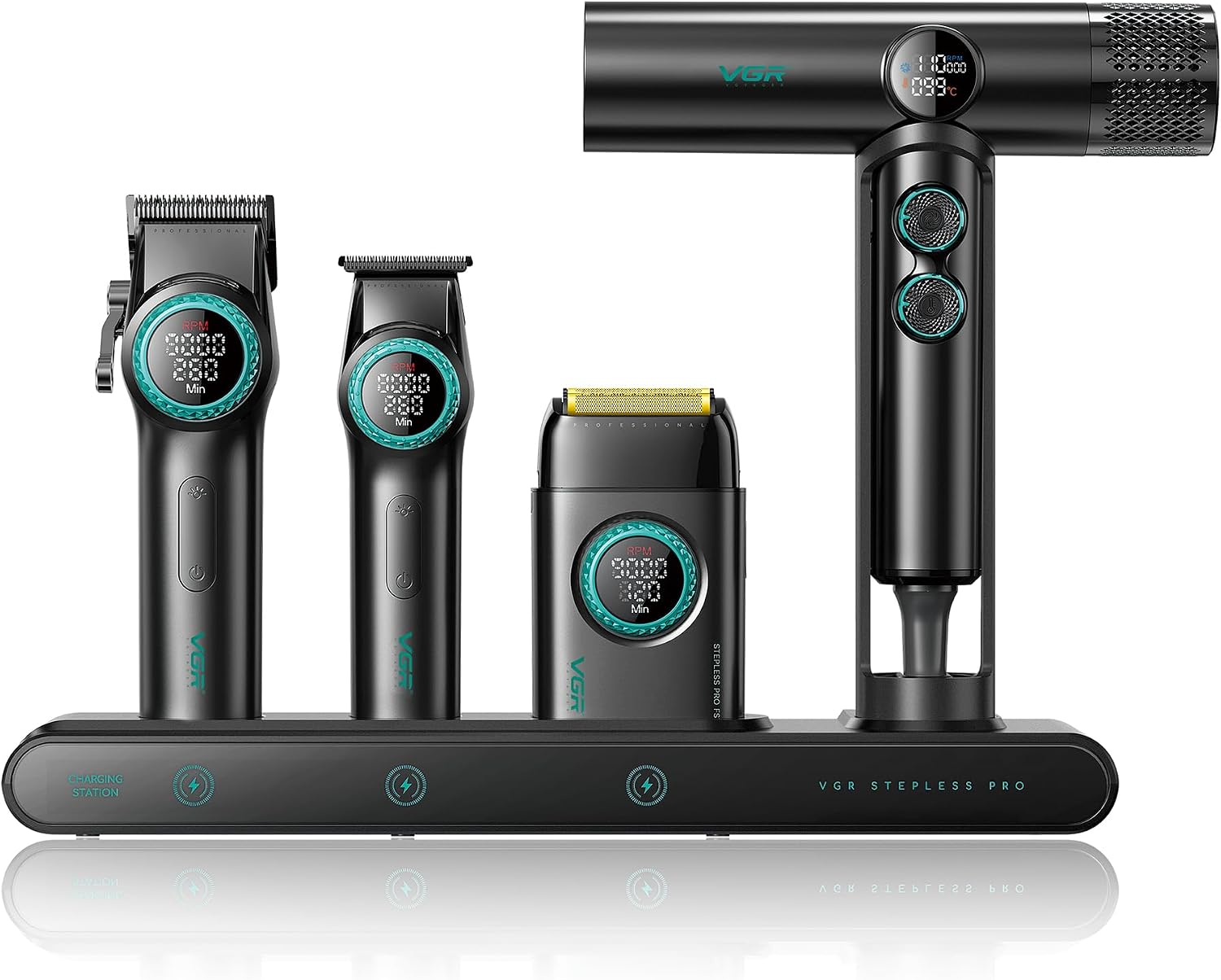 VGR Professional Barber Set 4 in 1 - Hair Clippers Men, Beard Trimmer, Foil Shaver Razor - Rechargeable Cordless - 9000 RPM - Brushless Ionic Hair Dryer with Diffuser - Salon Barbershop