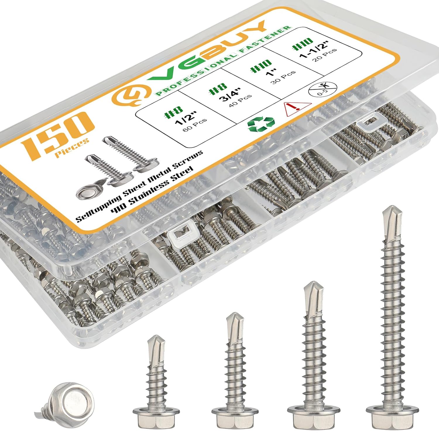150Pcs Self Drilling Screws Assortment Kit, 410 Stainless Steel Self Tapping Sheet Metal TEK Screws, #8 1/2" 3/4" #10 1" 1-1/2", Hex Washer Head