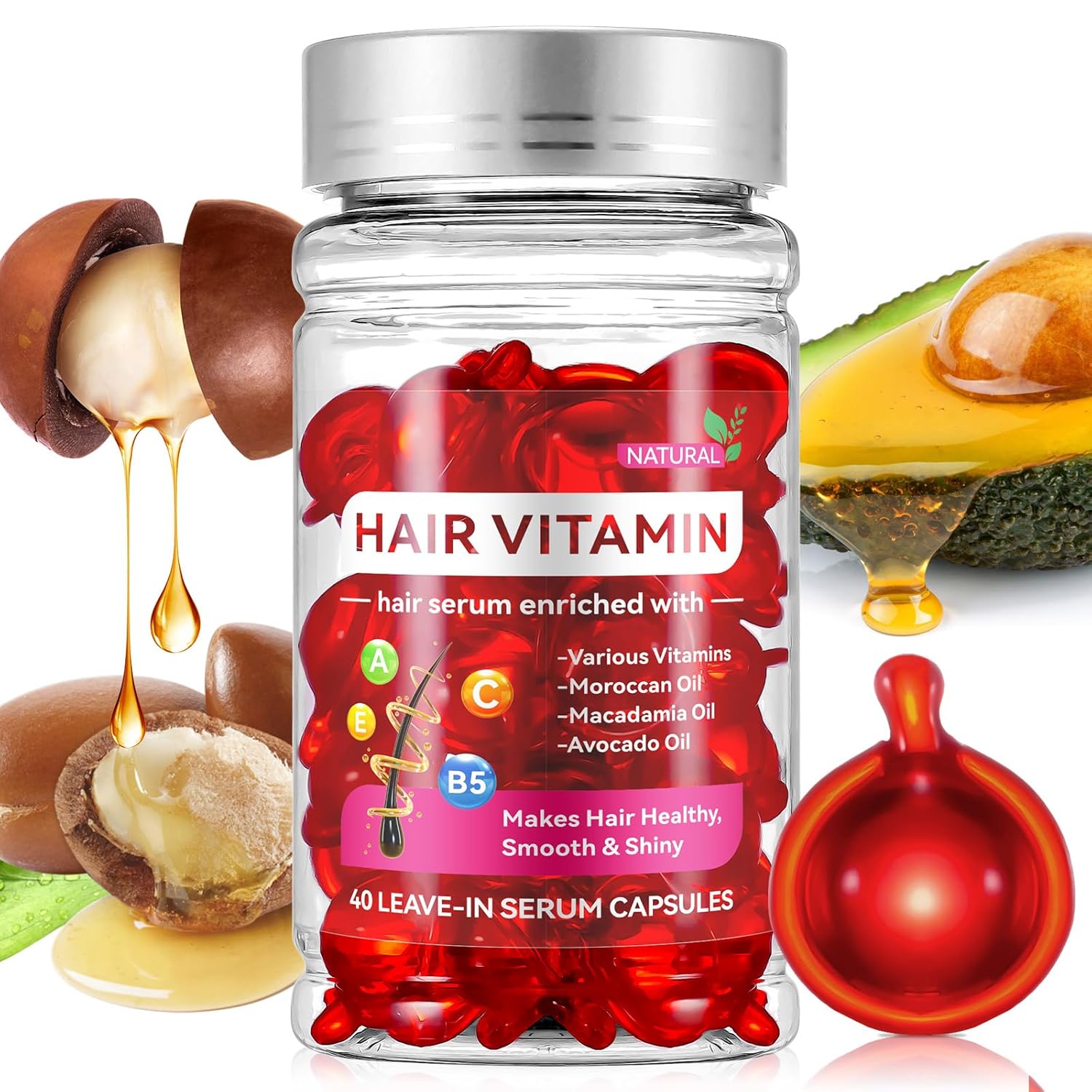 Hair Vitamins Serum Capsule, Hair Treatment Serum Oils, No Need Rinse Hair Repair Essence，Rich in Vitamins A C E Pro B5 Oil for Hair,Hair Serum for Frizzy and Dry Damaged Hair (40 Pcs), Red