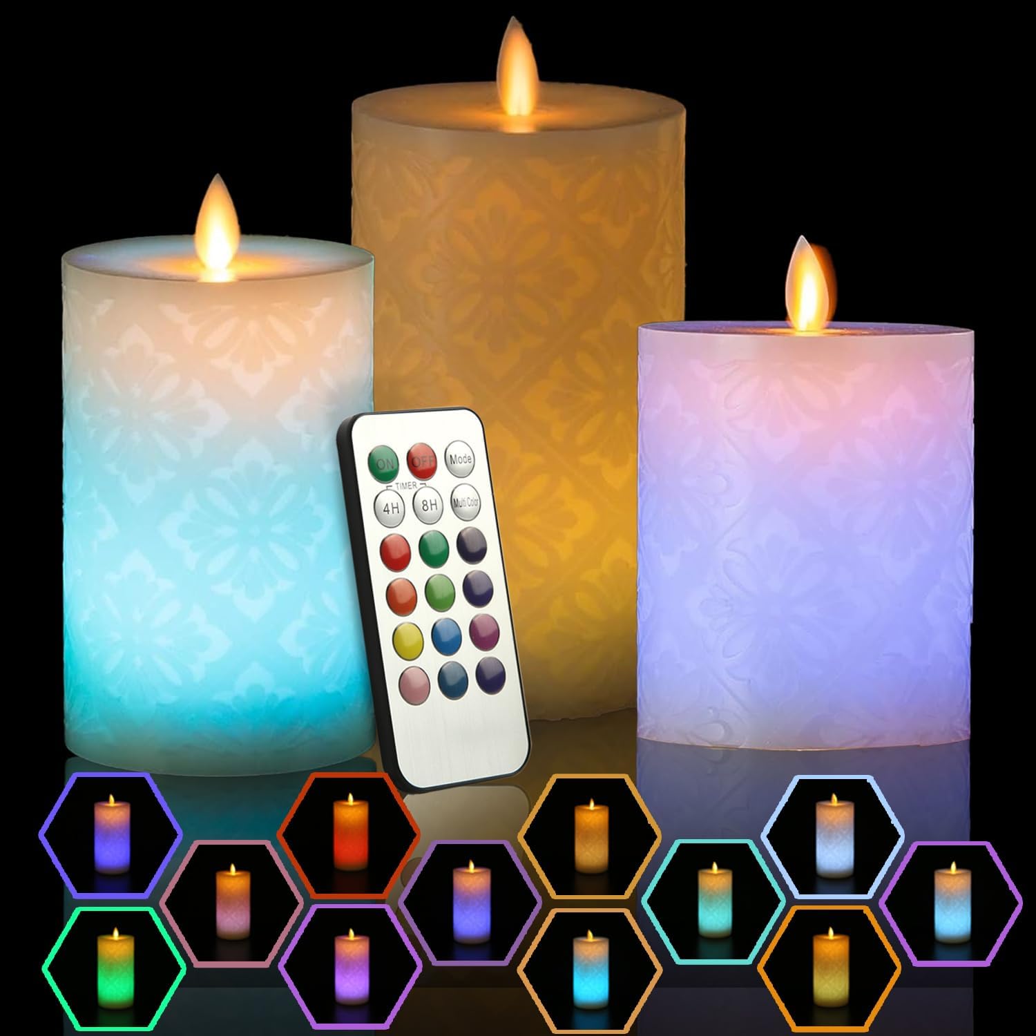 Niceme 3PCS Flameless Candle with 18 Key Remote Control Timer Realistic Color Changing LED Tea Light Candle Flickering Battery Operated Real Wax Multi-Color Fake Pillar Candle for Home Decor Christmas