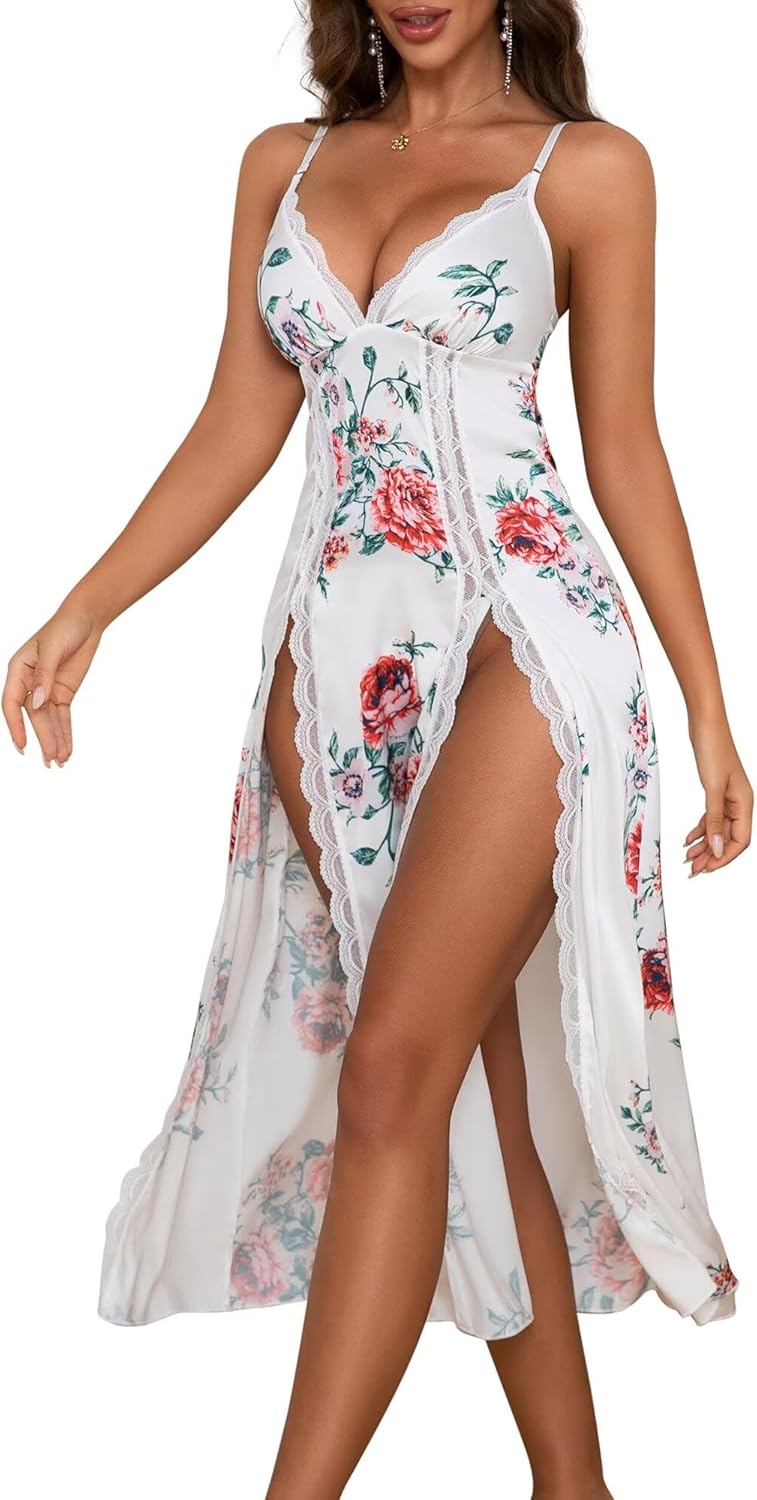 Womens Lingerie Lace Babydoll Nightgown Side Split Chemise Sexy Sleepwear S-XXL