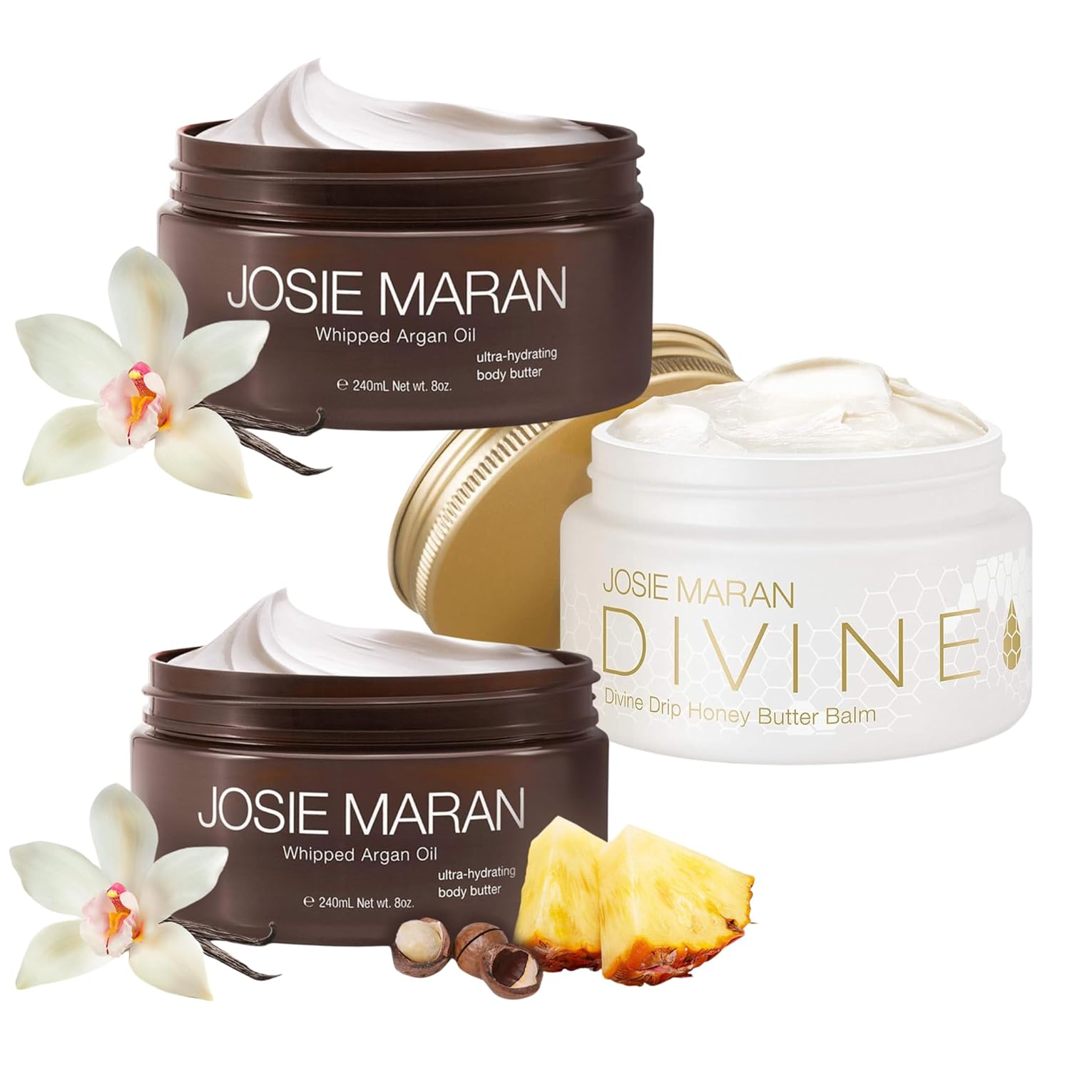 Josie Maran Whipped Argan Oil Body Butter & Divine Drip Honey Butter Balm Trio - 3-Piece Body Butter Gift Set with Skin Firming Creams in Blissful Beach, Golden Vanilla & Honey Fig (3 Piece Set)