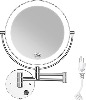 Benbilry 9" Wall Mounted Lighted Makeup Mirror with Magnification 10X, Large Size Double Sides LED Vanity Mirror, 10X Magnifying Mirror with Lights, 360° Swivel LED Bathroom Mirror