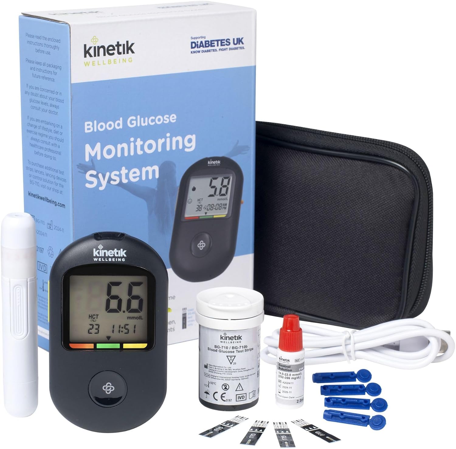 Kinetik Wellbeing Blood Sugar Monitor - Glucometer Kit for Diabetic Home Testing Used by the NHS, Blood Glucose Meter for Precise Sugar Level Monitoring, Suitable for Pregnancy, Supporting Diabetes UK
