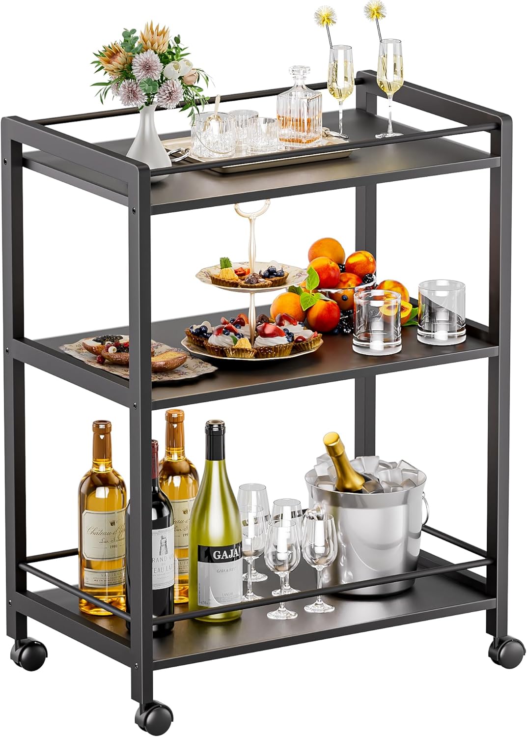 HITNET Bar Cart Black, Serving Cart for Home, 3 Tier Drinks Trolley with Wheels, Rolling Beverage Cart for Kitchen Dining Living Room