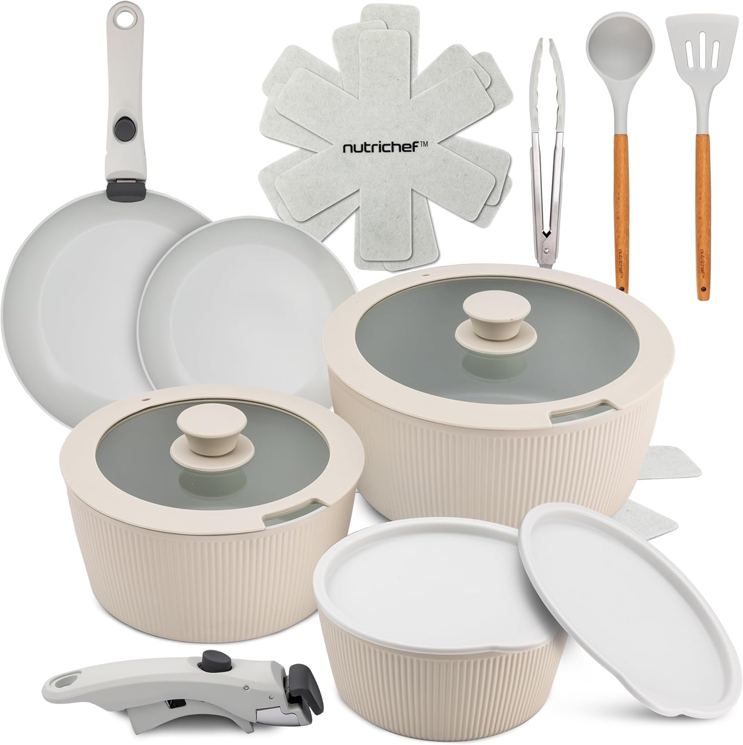 NutriChef 18-Piece Ceramic Cookware Set with Detachable Handles, Non Stick Pots and Pans, PTFE-Free Natural Ceramic Coating, Space-Saving Design, Oven & Stove Safe, Includes Utensils, Cream