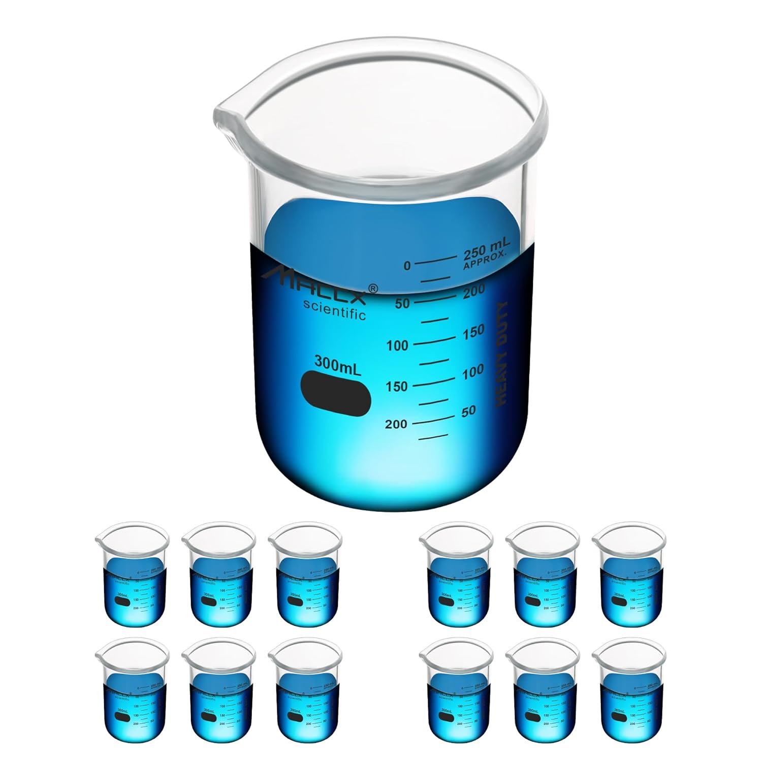10.15oz(300ml) Sturdy Glass Beaker, Heavy-Duty Lab Beaker Set, 3.3 Borosilicate Griffin Low Form with Printed Graduation, Pack of 12, BKL300-012