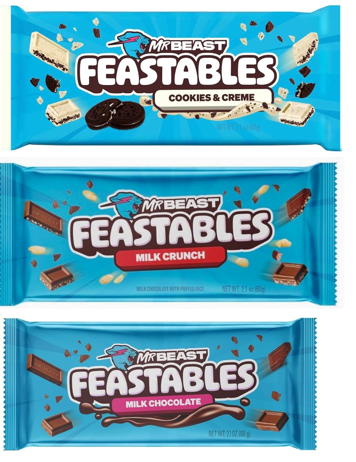 Beast Bar Milk and White Chocolate Bundle - NEW FLAVOR! Cookies and Cream, Milk Crunch and Milk Chocolate Beast Bars (3 BARS) 2.1 oz