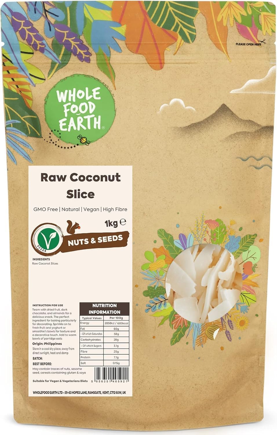 Wholefood Earth Raw Coconut Slice 1 kg | GMO Free | Natural | High Fibre