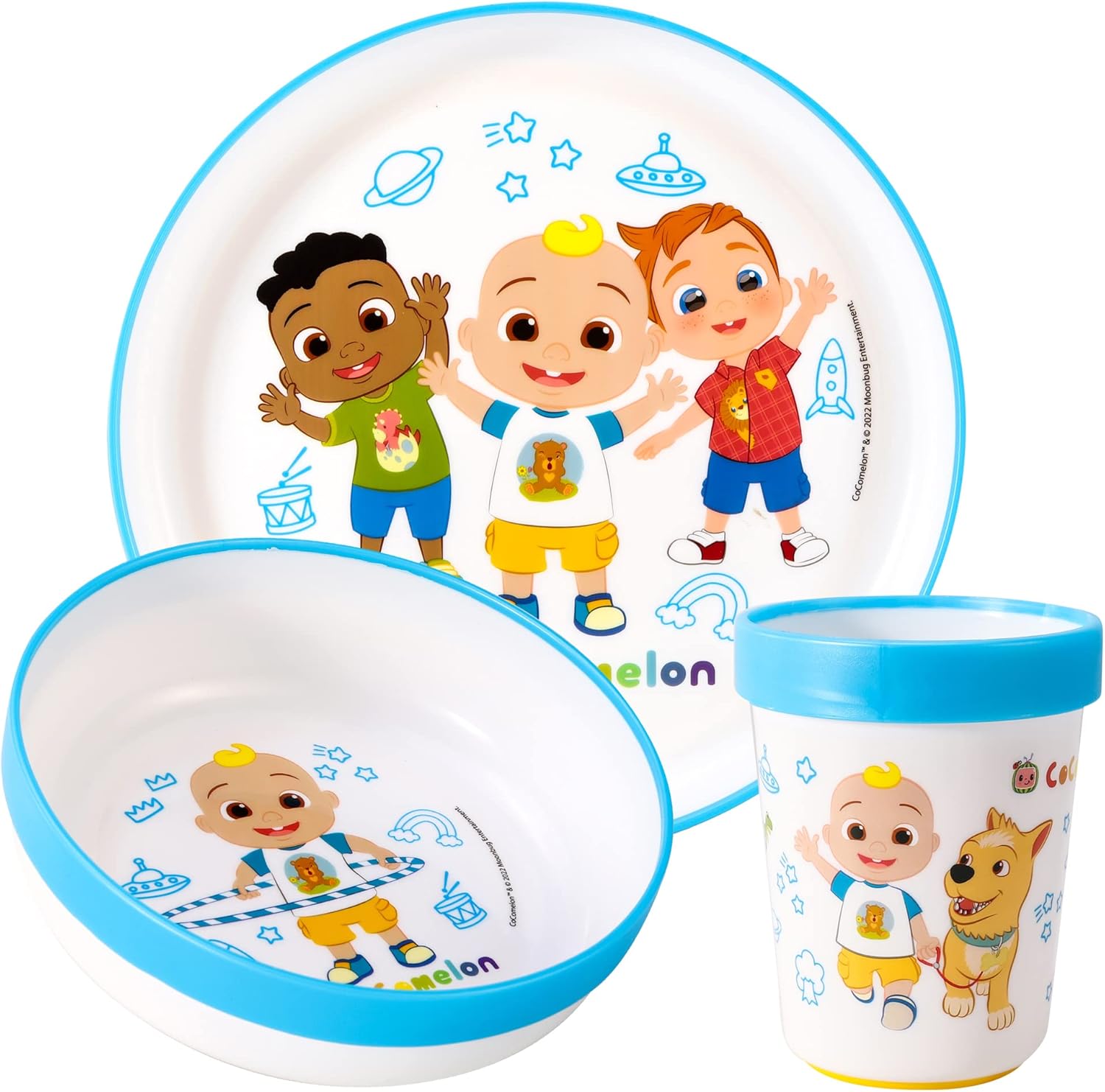 Cocomelon 3pcs Reusable Bicolor Premium Kids Dinner Tableware Set Plate, Bowl & Tumbler, BPA Free