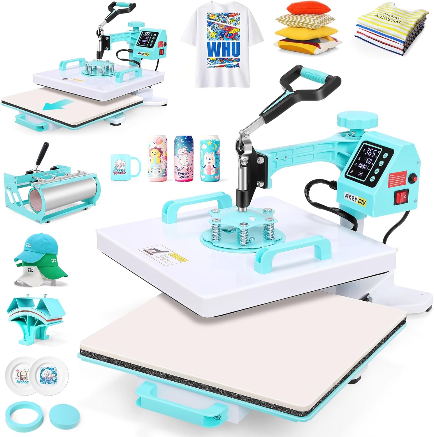 AKEYDIY Heat Press 15x15 inch 5 in 1 with 30OZ Tumbler Press, 360° Swivel Away Slide Out Digital Shirt Press Machine, Industrial Heat Transfer Machine Sublimation for T-Shirt/Tumbler/Mug/Hat/Cap/Plate