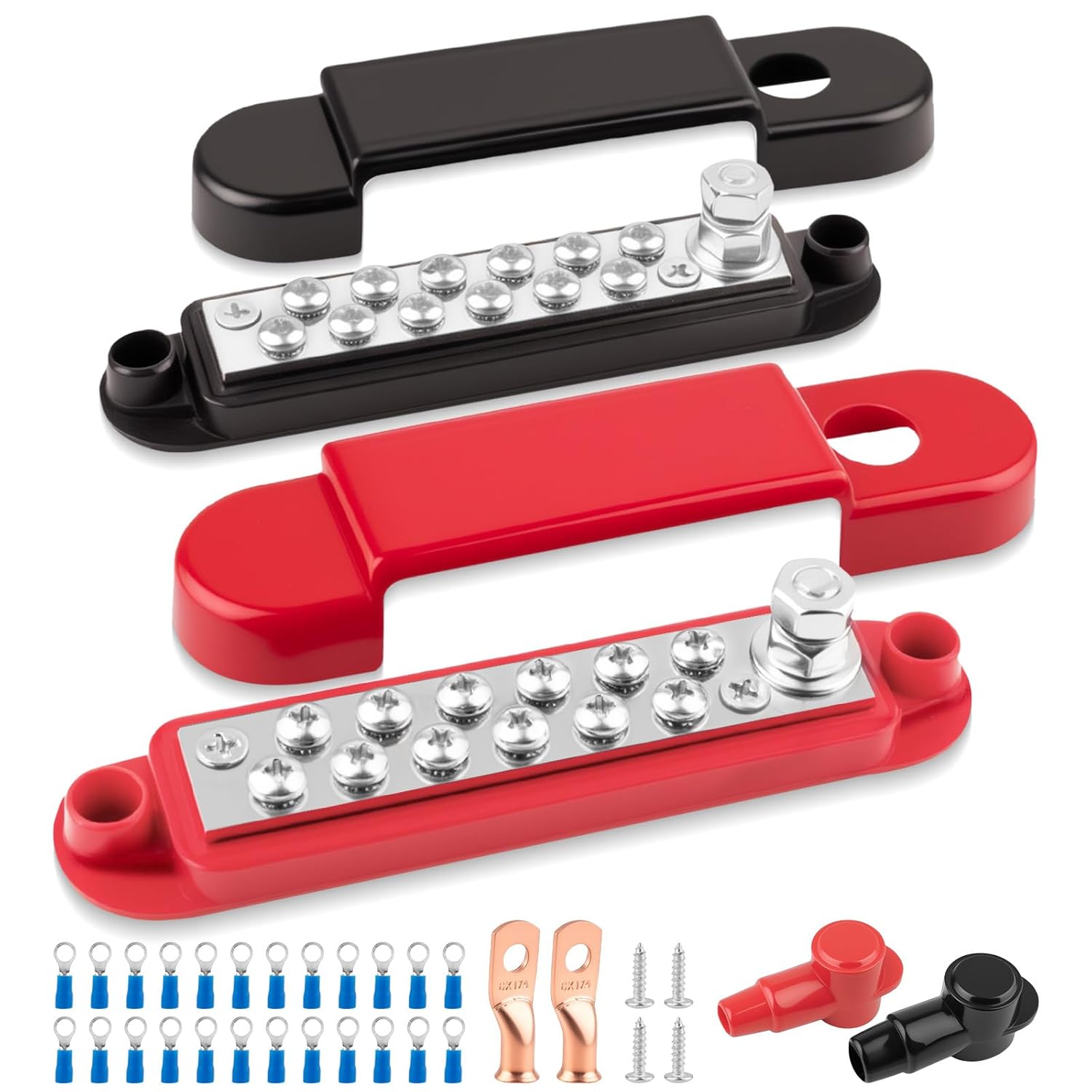 12V 150A Power Distribution Block, 1/4" Marine Bus Bar, Red and Black, Battery Terminal Block for Boat Automotive Solar Wiring