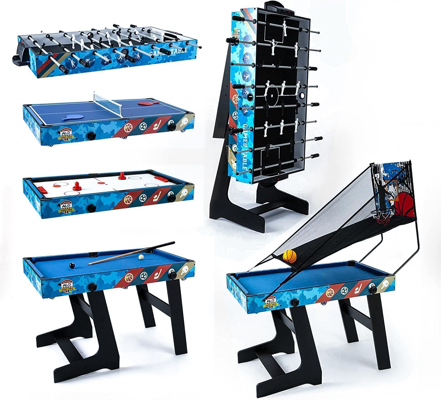 5-in-1 Multi Game Combination Table Set for Kids Table Tennis Table, Pool Table, table football, Slide Hockey, Basketball Shooting for Family Parent-child Interactive for Kids (4ft, 1.2m)