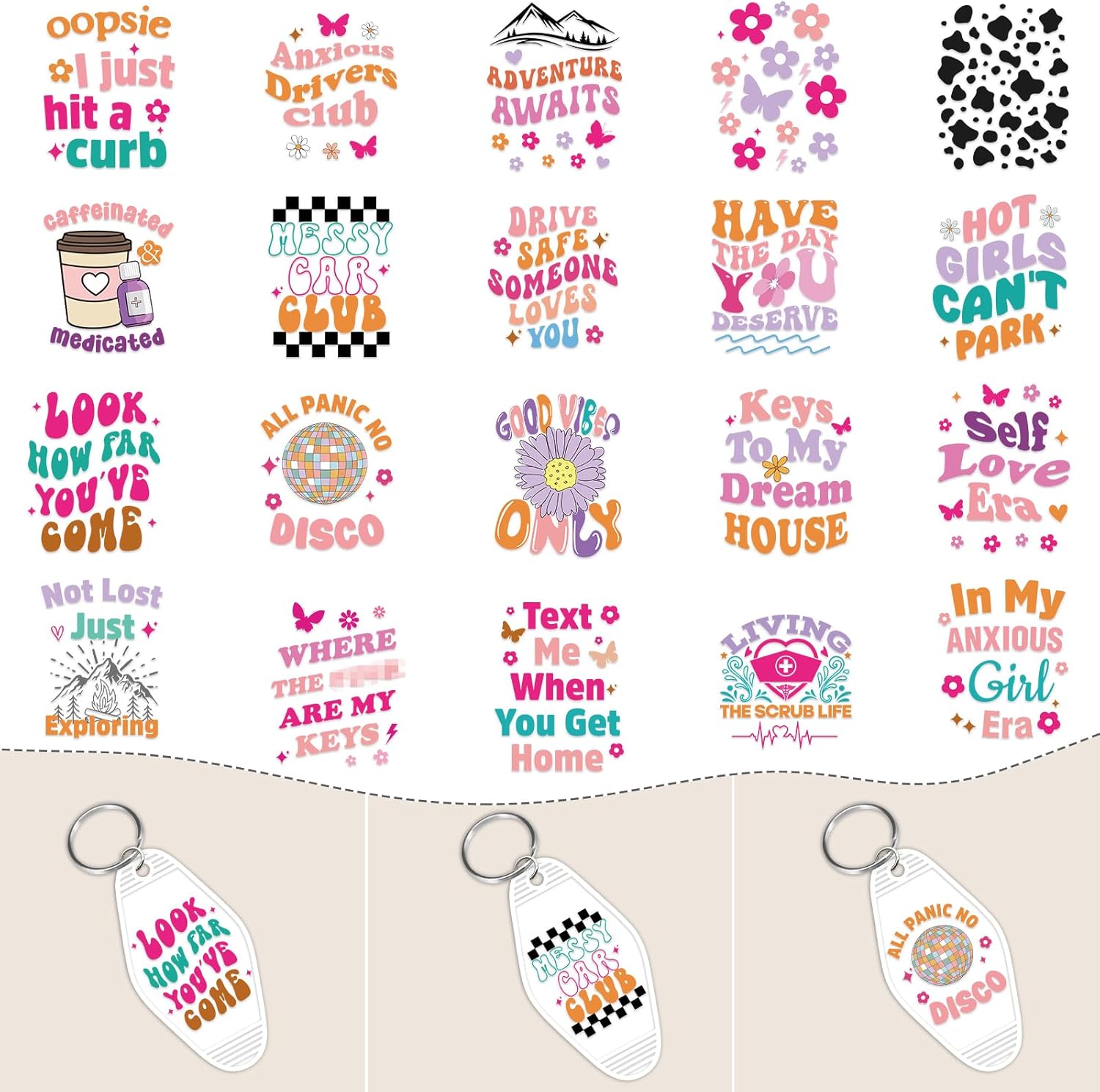 UV DTF Wrap Stickers - 8 Sheets Funny UV DTF Stickers for Motel Keychain Disco Ball UV DTF Wraps Flower Butterfly UVDTF Wraps Waterproof UV DTF Transfer Stickers for Hotel Keychain