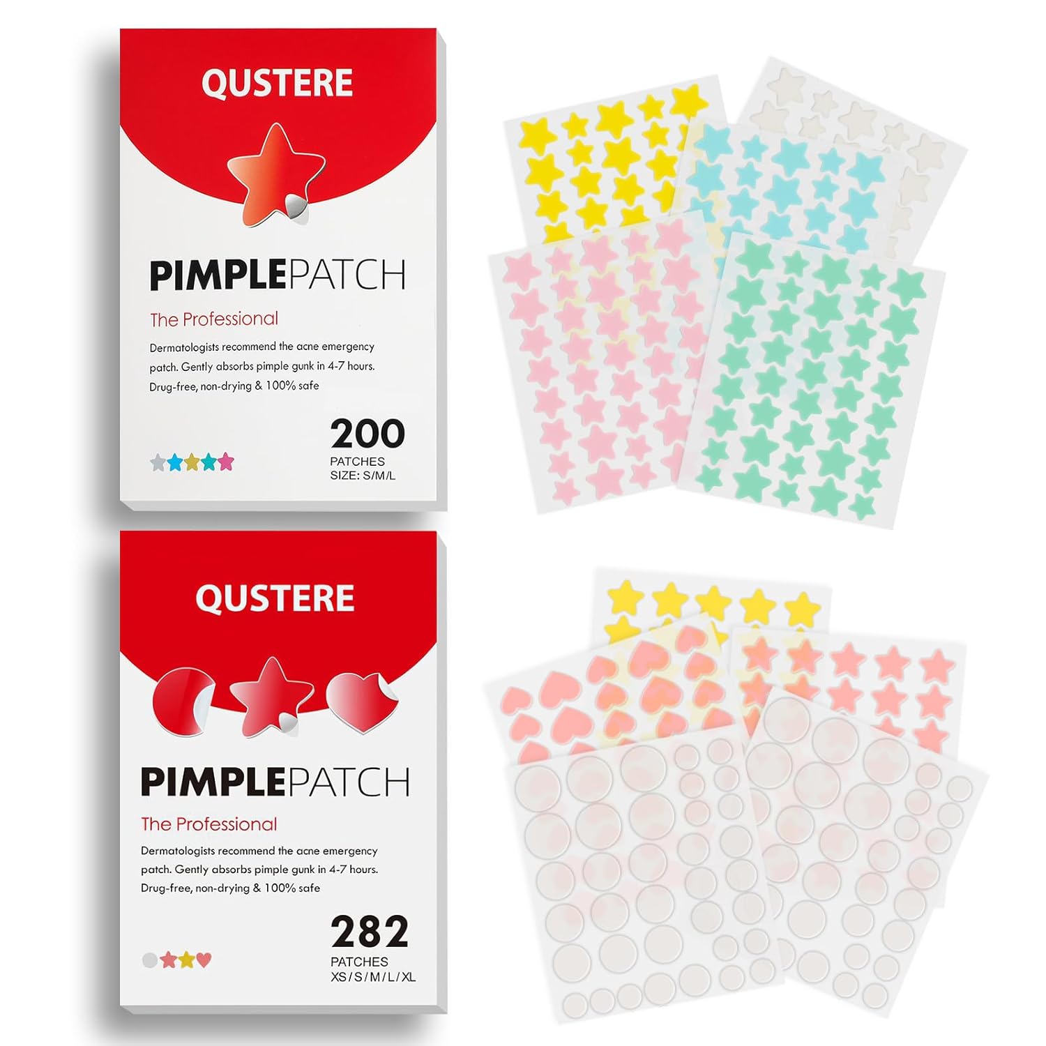 Pimple Patches for Face, Acne Patches, Zit Patches Spot Stickers with Tea Tree, Salicylic Acid & Cica Oil| Star Pimple Patches 200 Count, Hydrocolloid Acne Patches 282 Count