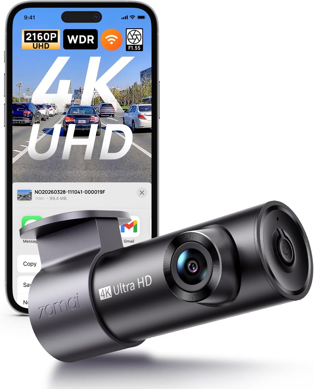 70mai M310 Plus 4K Dash Cam Front with Night Vision, 140° Wide Angle Dash Camera for Cars, WiFi Dashcam with App, Parking Mode, G-Sensor, Loop Recording, Voice Control, Easy Install Car Camera