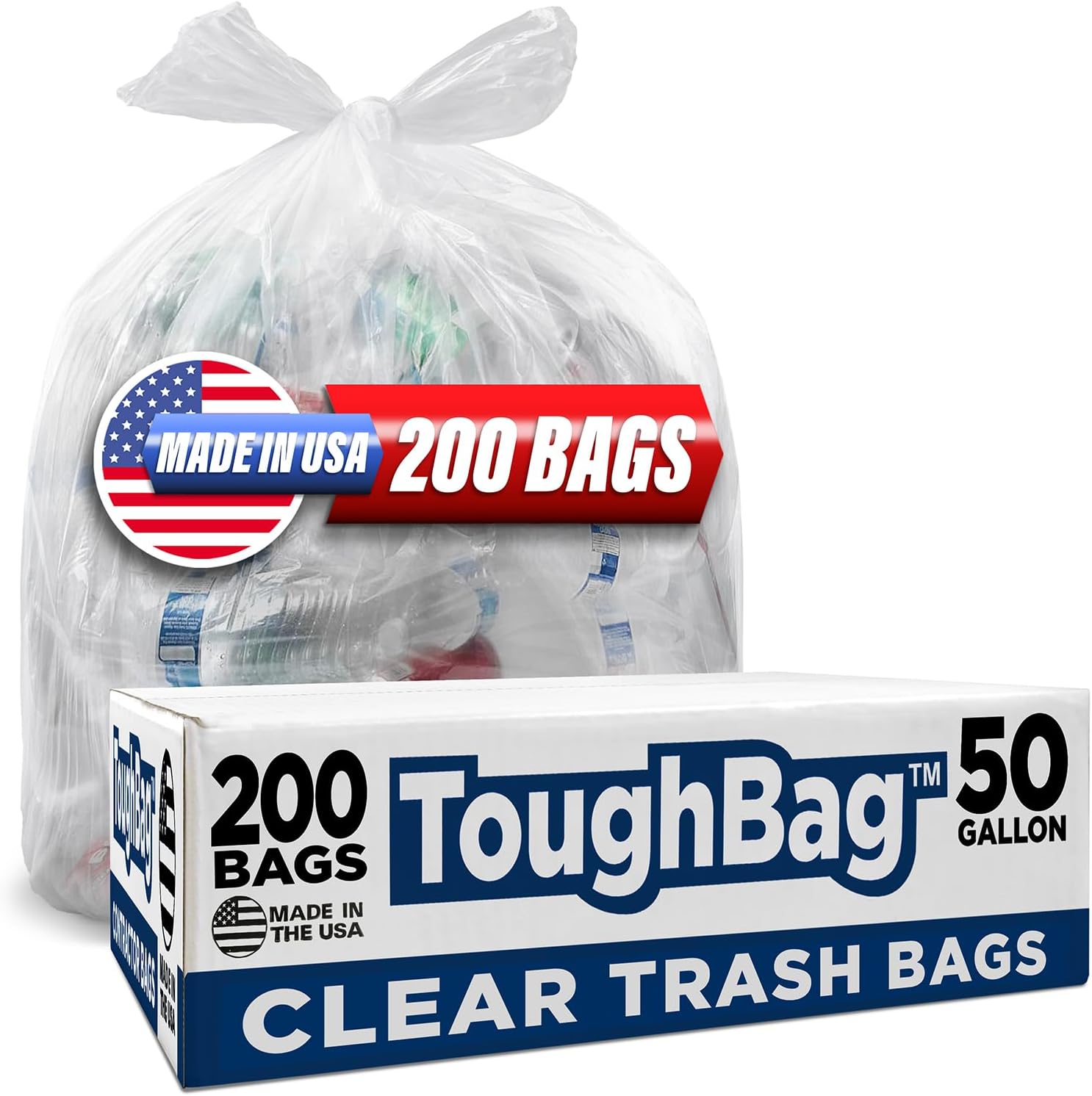 ToughBag 50 Gallon Trash Bags Heavy Duty, Clear Trash Bags (200 COUNT) - Made in USA