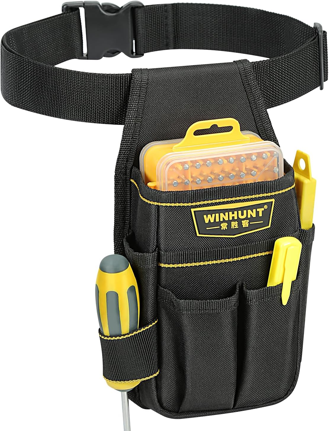 WINHUNT Tool Belt Pouch, Electrician Pouch Multi Pockets with Adjustable Nylon Belt Black