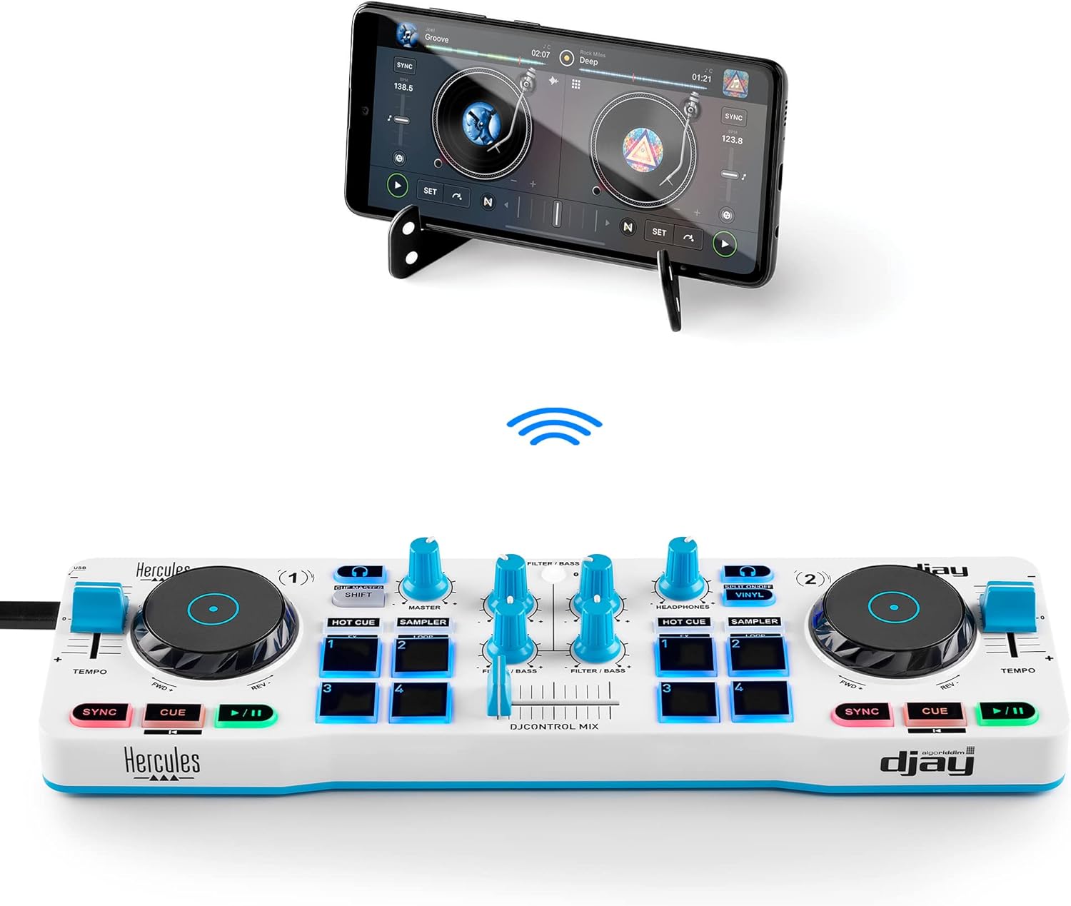 Hercules DJControl Mix Blue Edition – Compact DJ Controller with LED Light Guides, Intuitive Controls, and Compatibility with iOS & Android