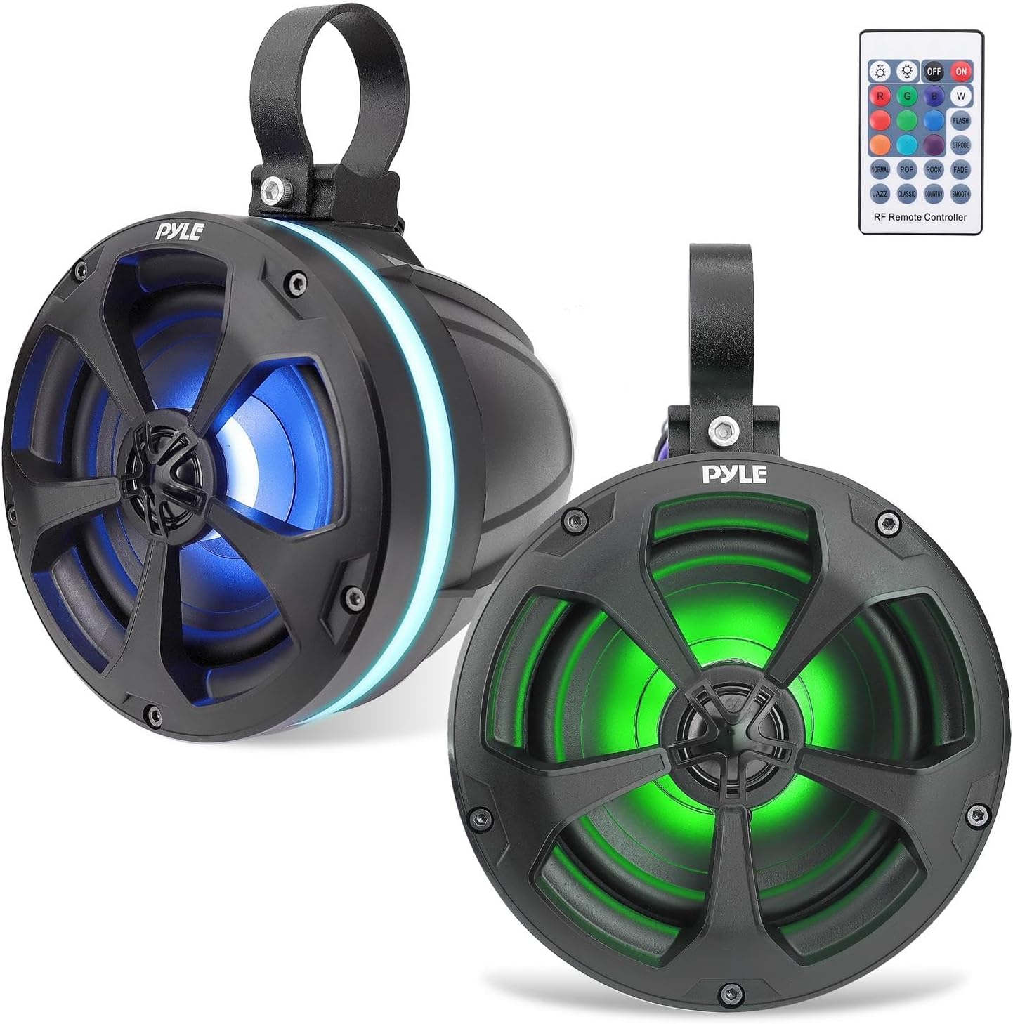 Pyle 2-Way Waterproof Off Road Speakers - 5.25" 1000W Active Passive Marine Grade Wakeboard Tower Speakers System w/ RGB Light, Full Range Outdoor Stereo Speaker for ATV/UTV Jeep Boat - PLUTV55BTR