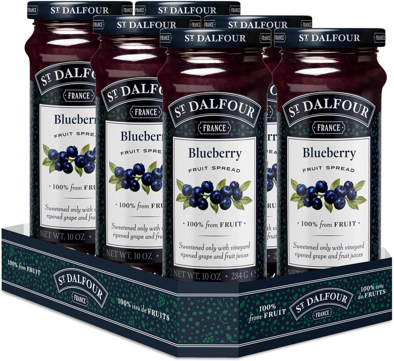St. Dalfour Blueberry Fruit Spread 284g – No Added Sugar, 100% Real Fruit, All-Natural Jam Alternative, Vegan, Gluten-Free, Non-GMO, Made in France - Bulk Pack 6 x 284g